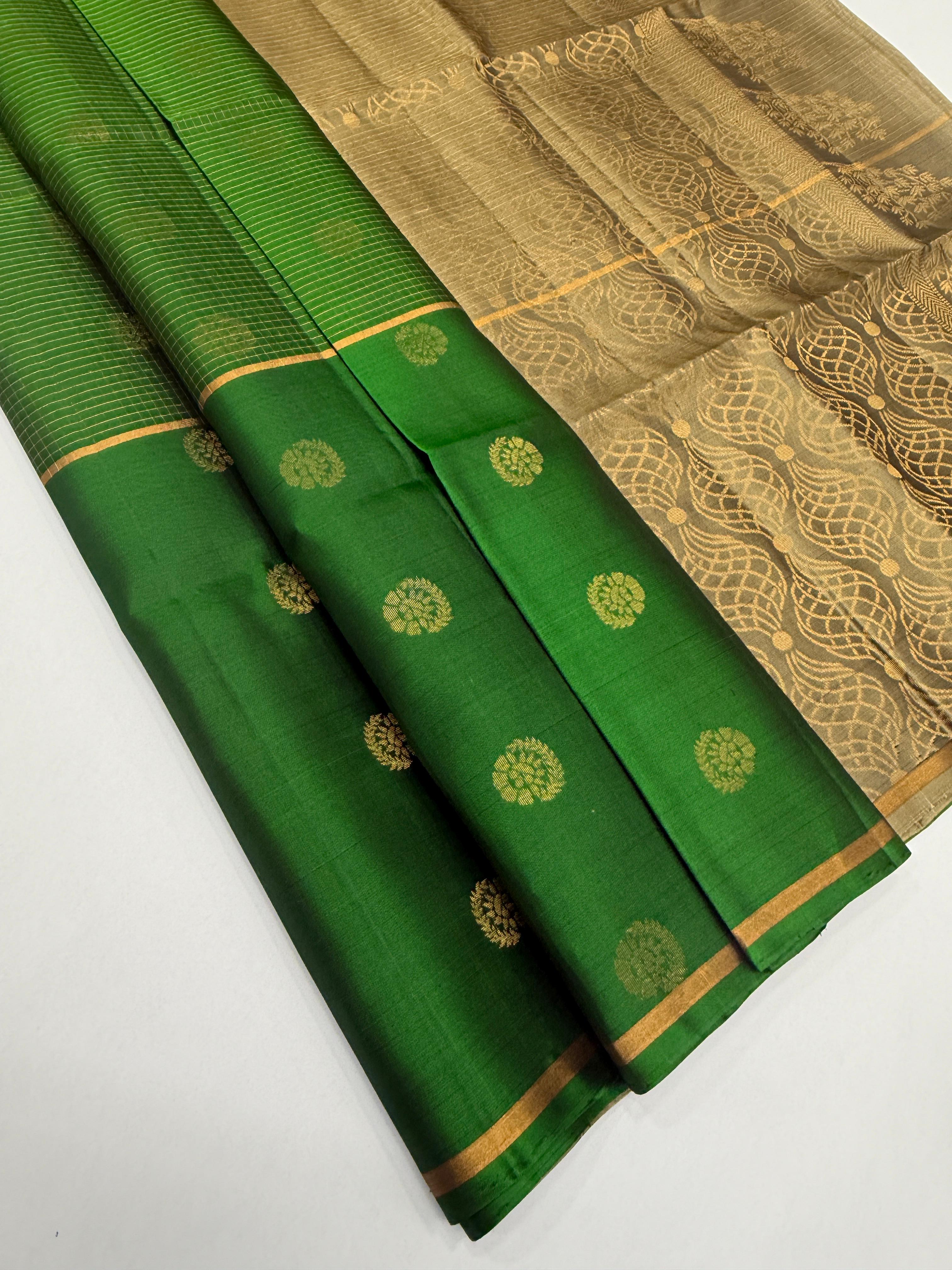 VSF1236 - leaf green color body , dark beige color pallu,blouse - Pure silk saree