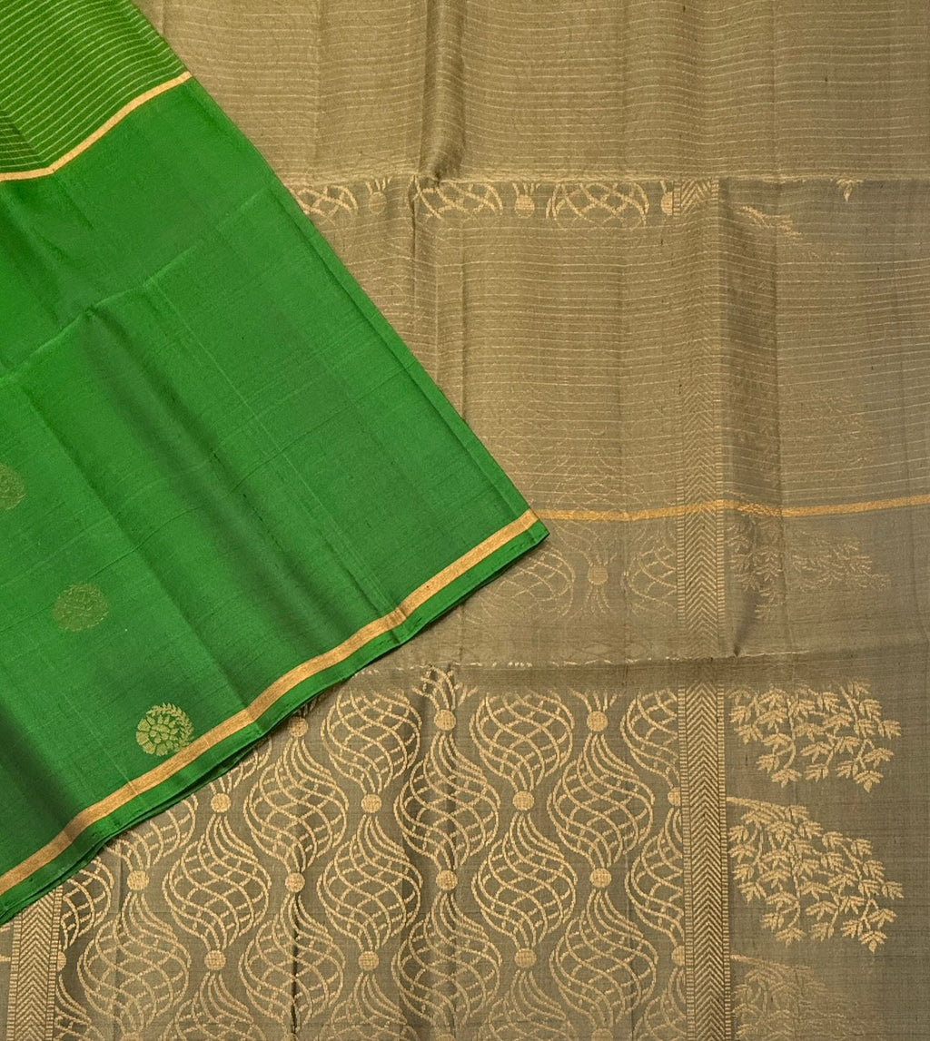 VSF1236 - leaf green color body , dark beige color pallu,blouse - Pure silk saree