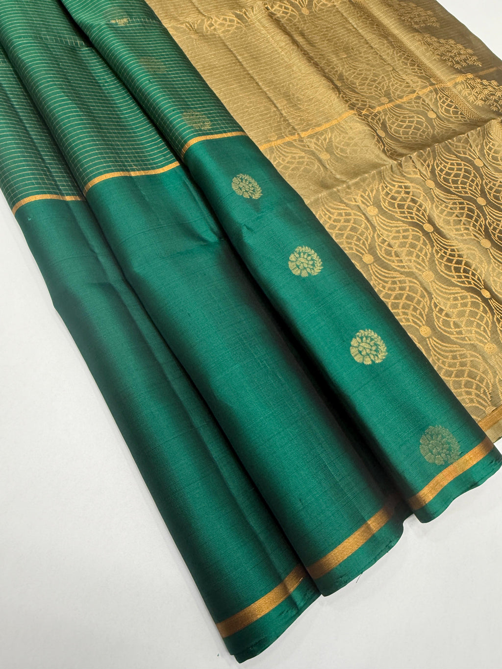 VSF1237 - peacock green color body , dark beige color pallu,blouse - Pure silk saree