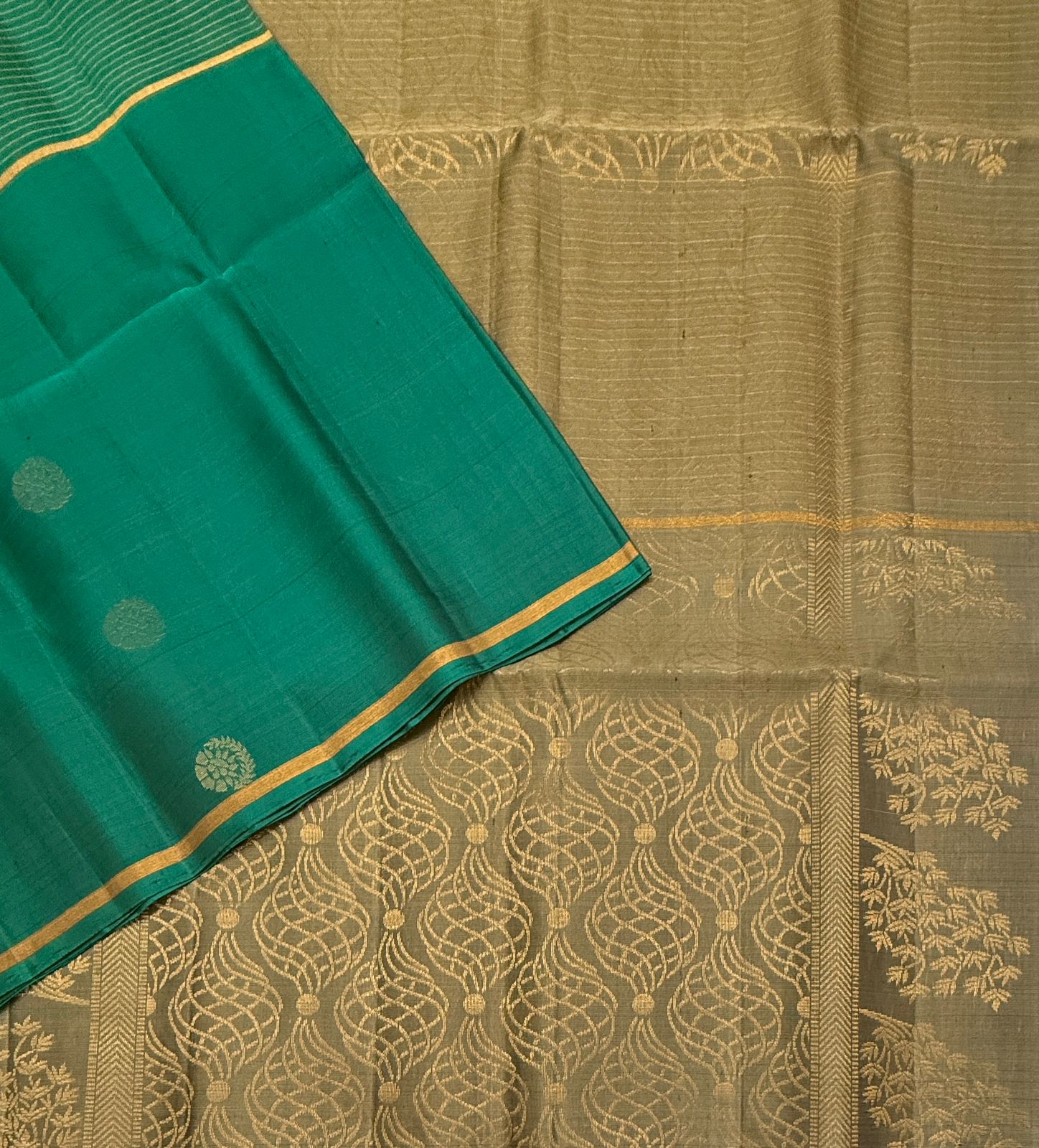 VSF1237 - peacock green color body , dark beige color pallu,blouse - Pure silk saree