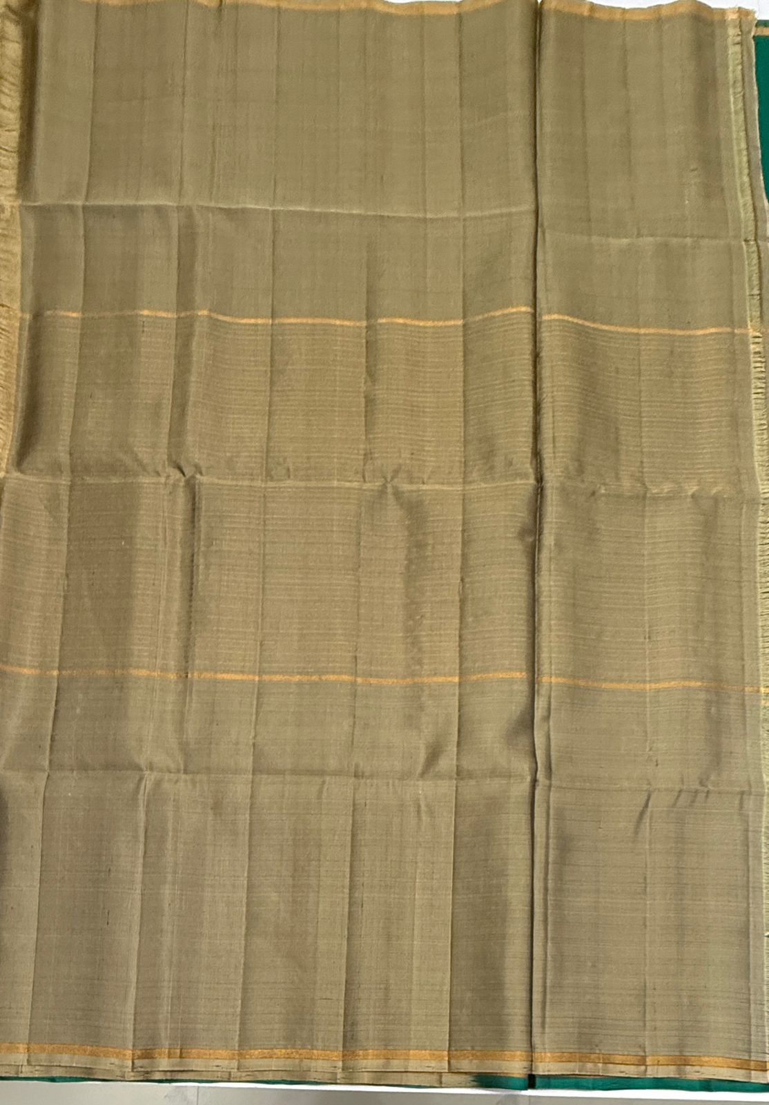 VSF1237 - peacock green color body , dark beige color pallu,blouse - Pure silk saree