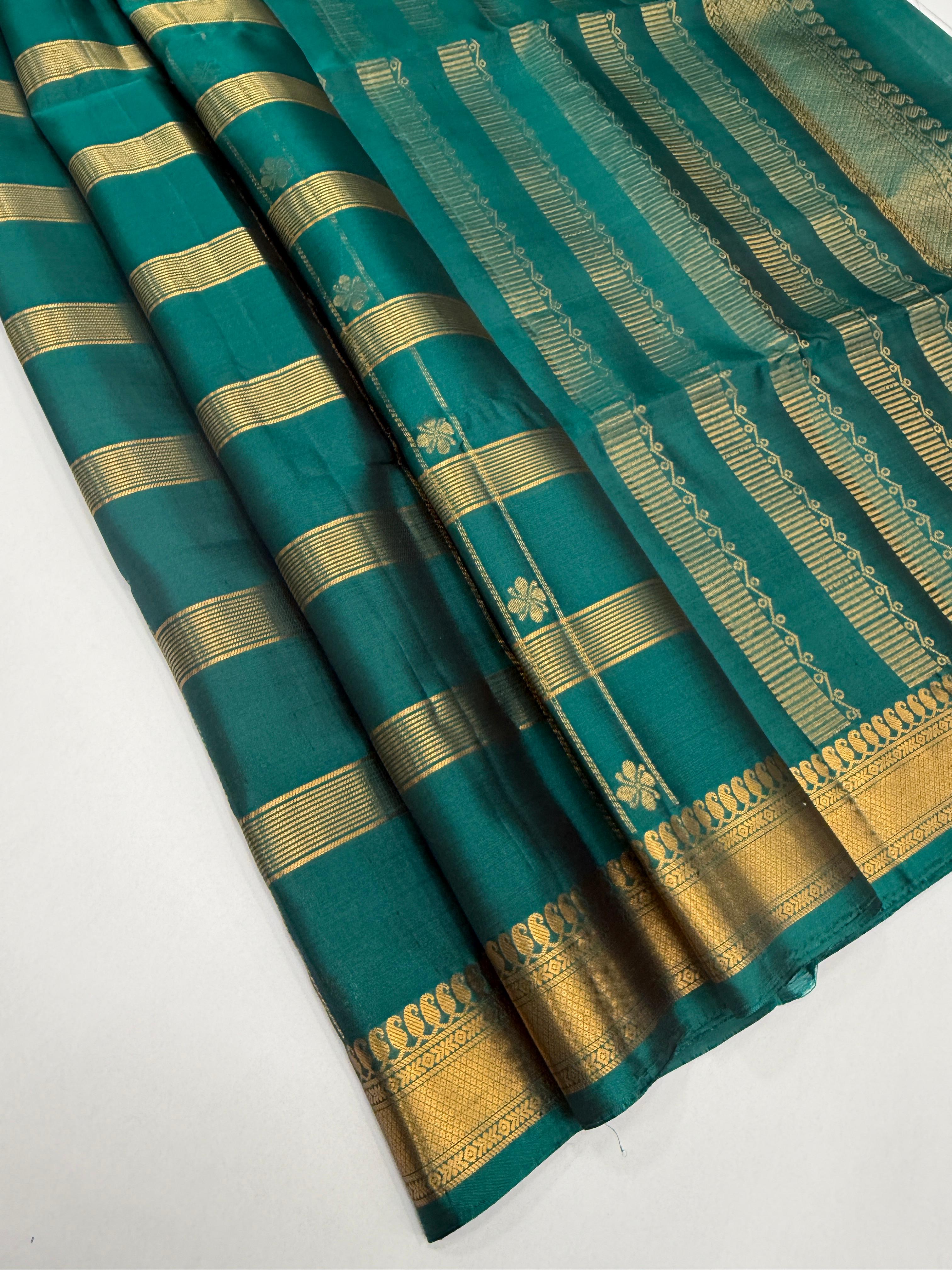 VSF1238 - peacock green color body , pallu,blouse - Pure silk saree