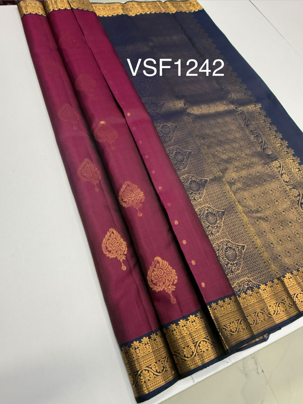 VSF1242 - purple color body , navy blue color pallu,blouse - Pure silk saree