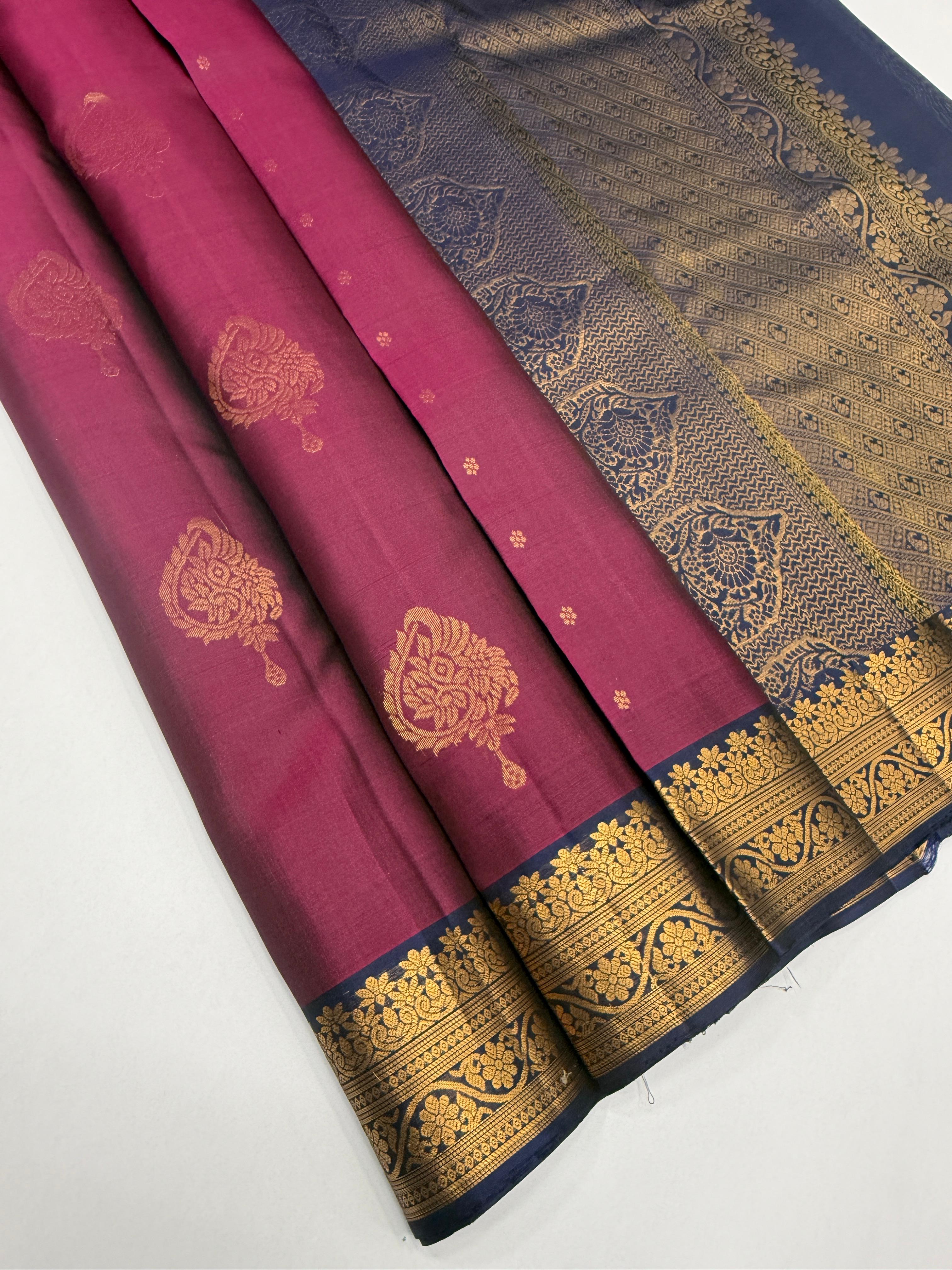 VSF1242 - purple color body , navy blue color pallu,blouse - Pure silk saree
