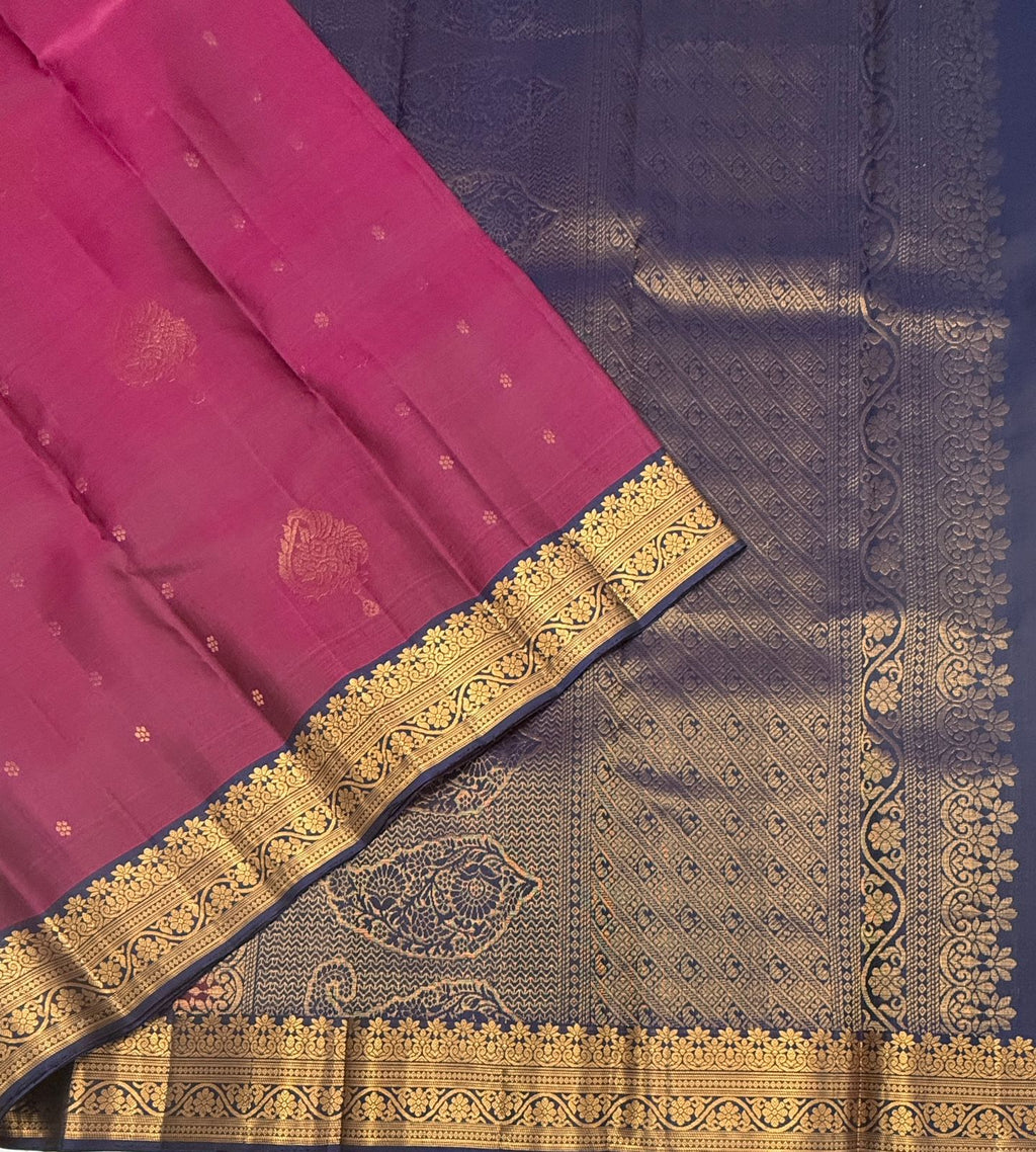 VSF1242 - purple color body , navy blue color pallu,blouse - Pure silk saree