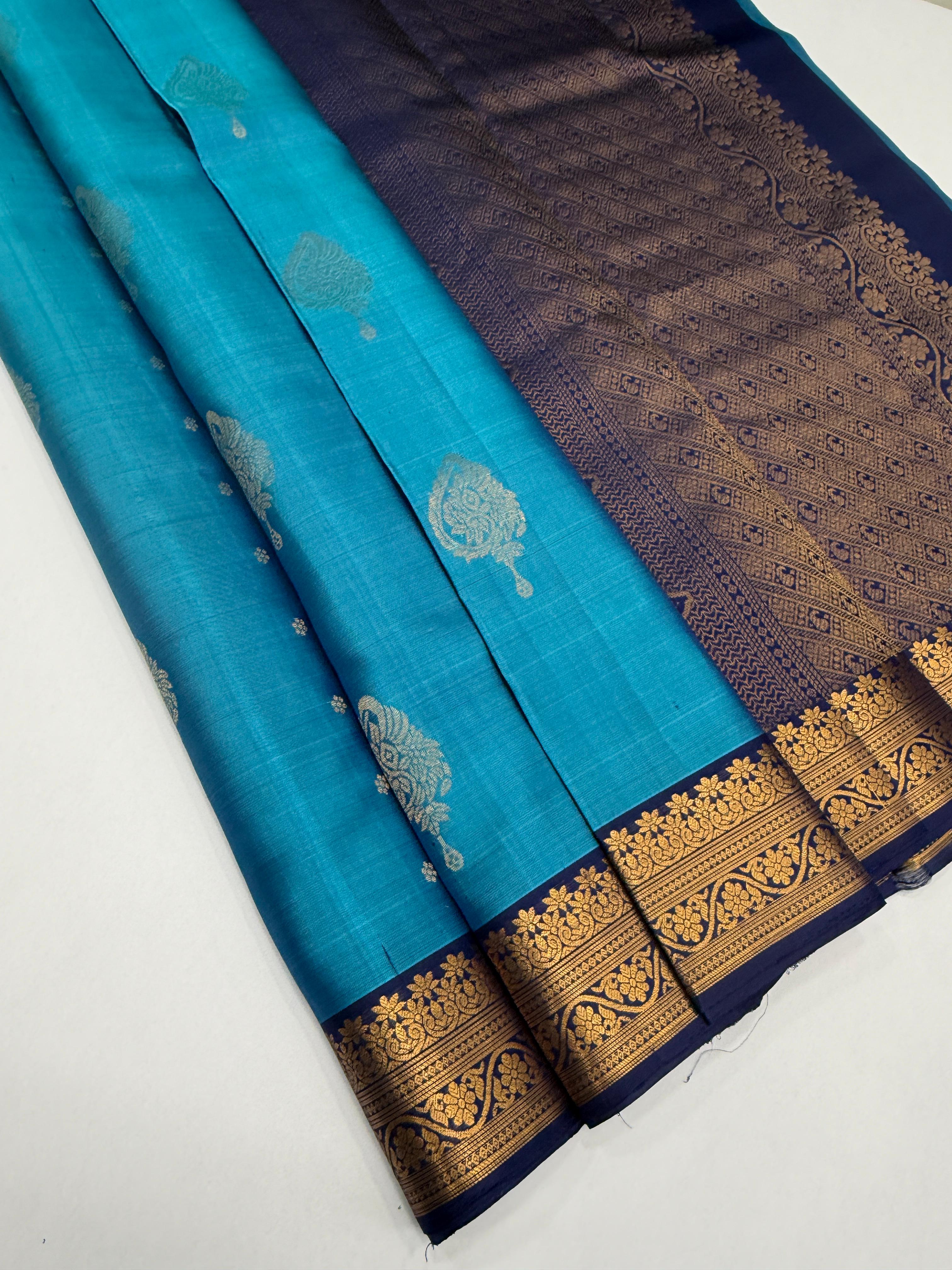 VSF1243 - blue color body , navy blue color pallu,blouse - Pure silk saree