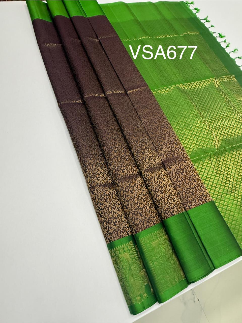 VSA677 - dark purple color body , leaf green color pallu , blouse pure silk saree