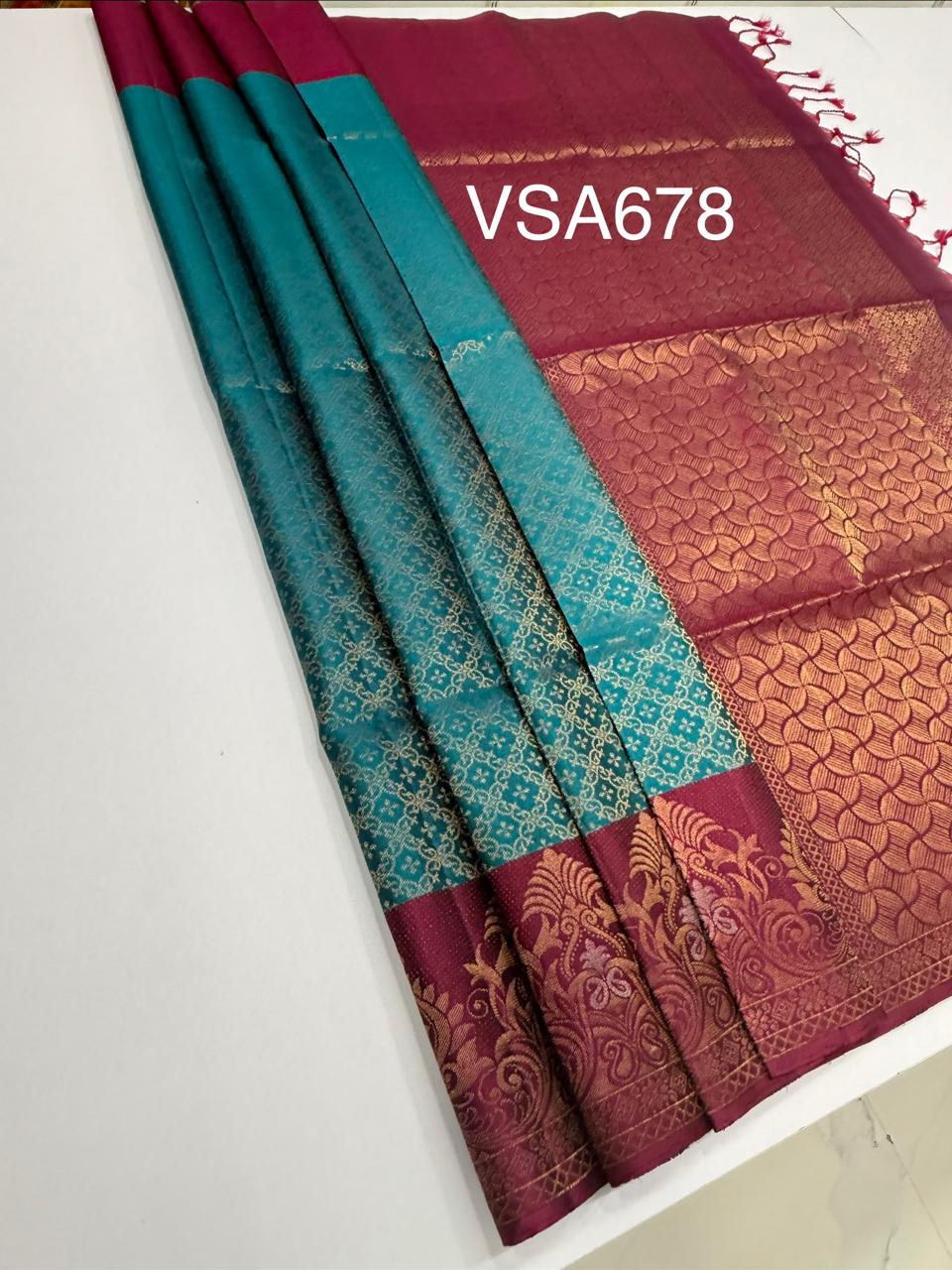 VSA678 - blue color body , dark purple color pallu , blouse pure silk saree