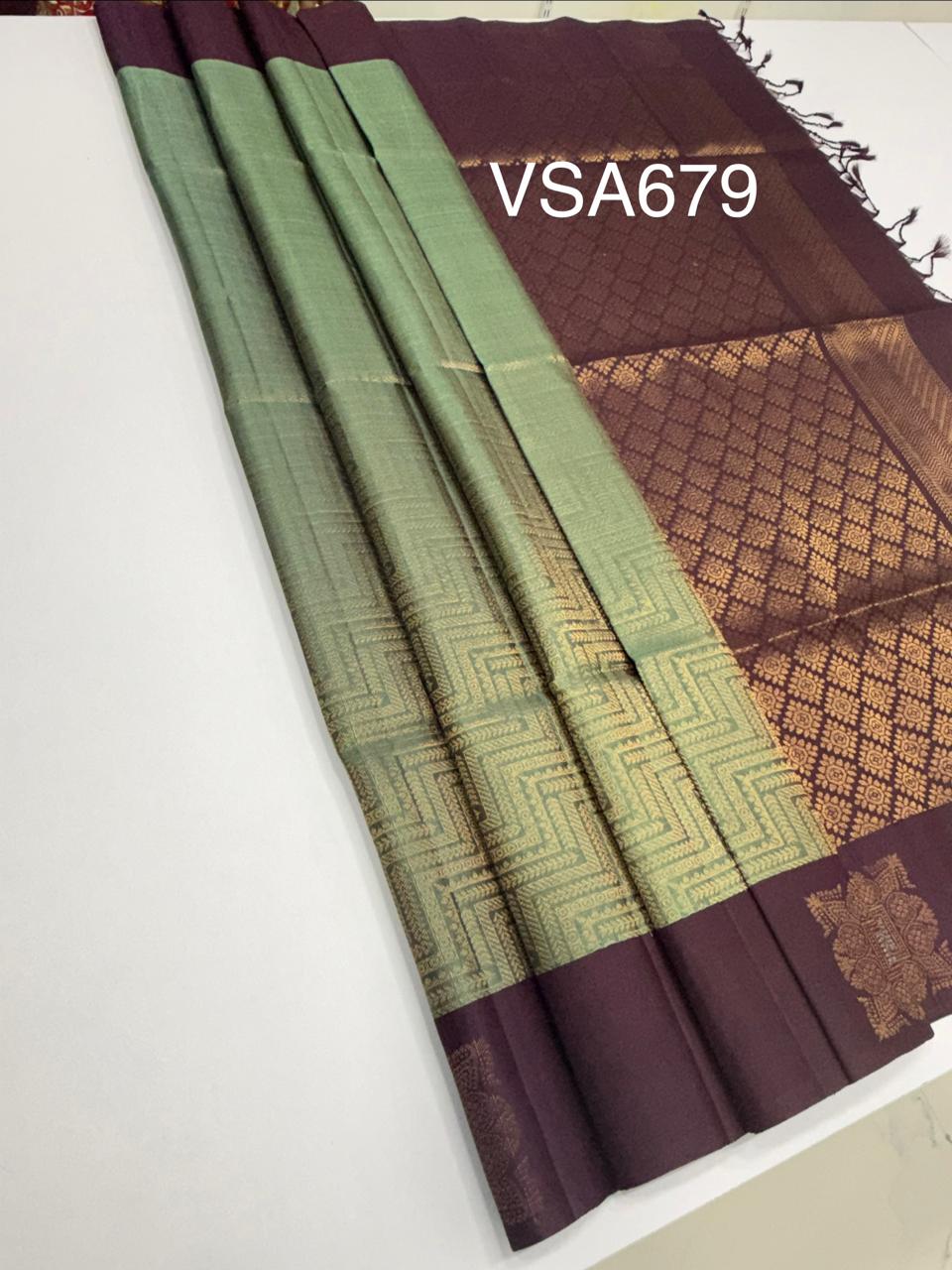 VSA679 - pastel green color body , dark purple color pallu , blouse pure silk saree