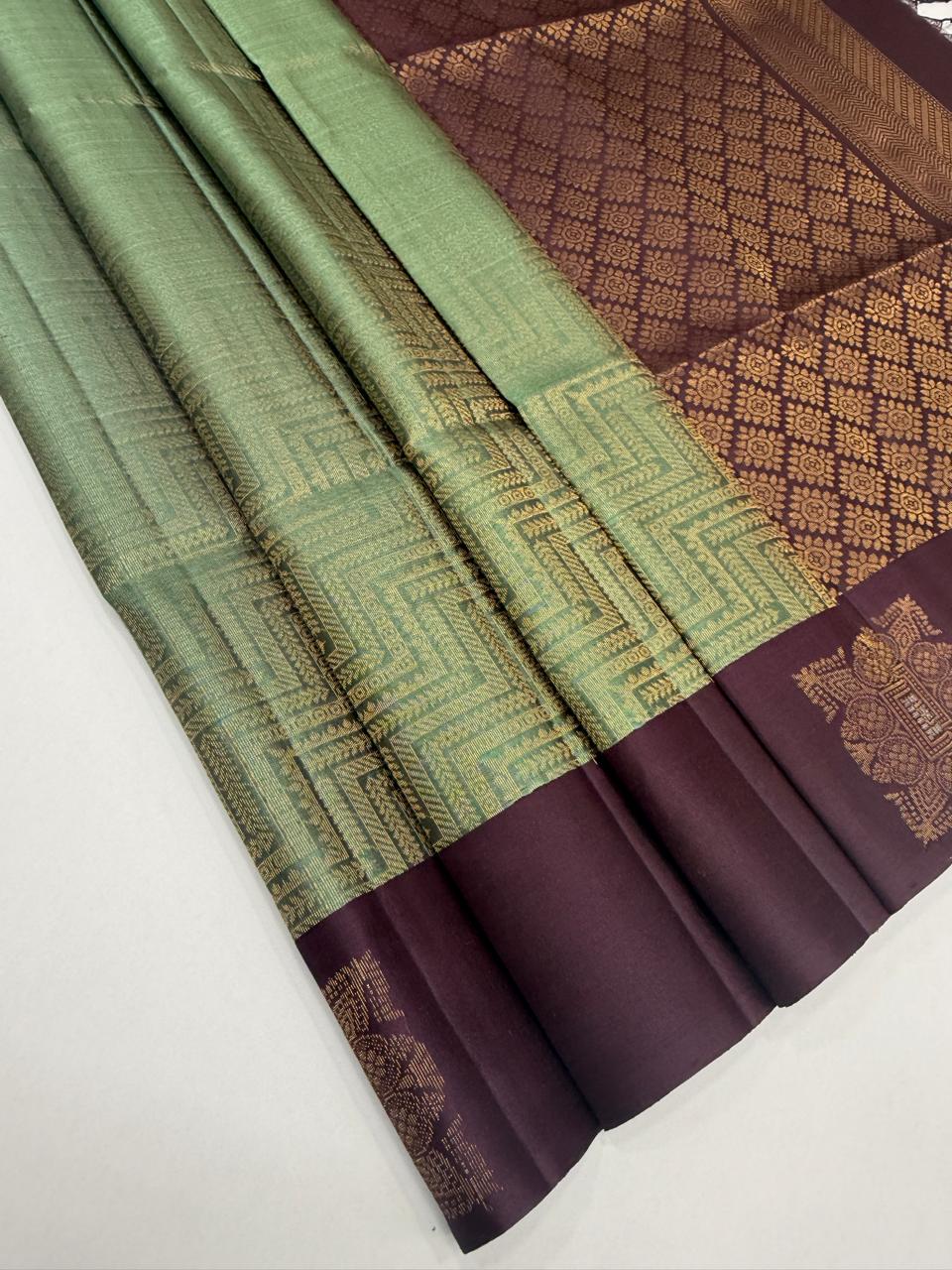VSA679 - pastel green color body , dark purple color pallu , blouse pure silk saree