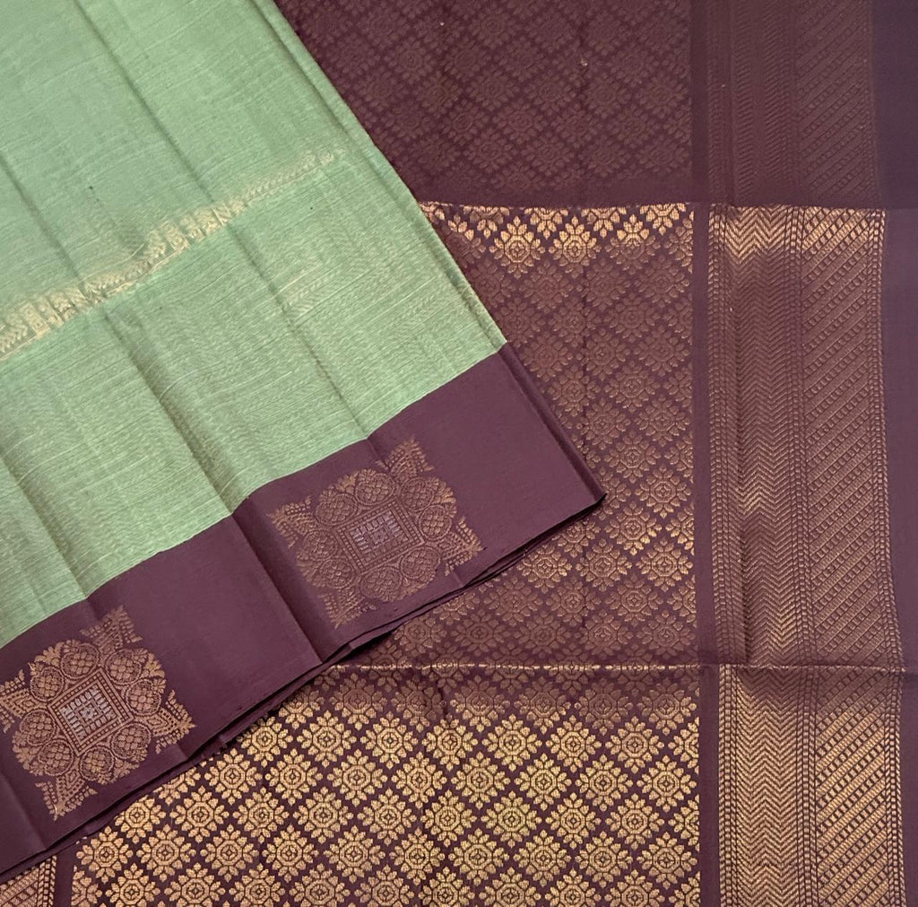 VSA679 - pastel green color body , dark purple color pallu , blouse pure silk saree