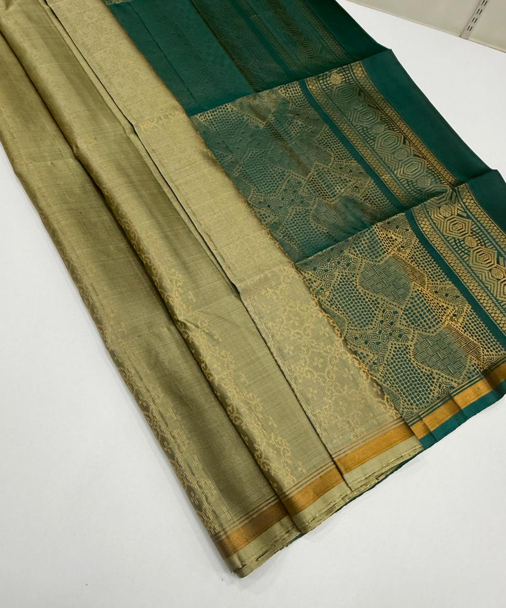 VSA680 - beige color body , peacock green color pallu , blouse pure silk saree