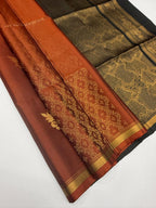 VSA681 - rust orange color body , dark green color pallu , blouse pure silk saree