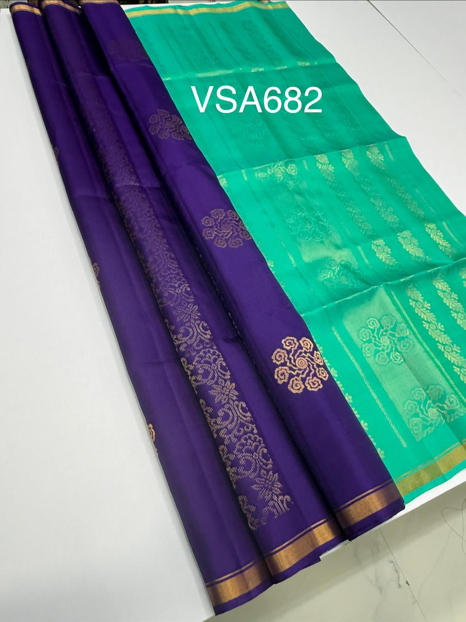 VSA682 - violet color body , sea blue color pallu , blouse pure silk saree