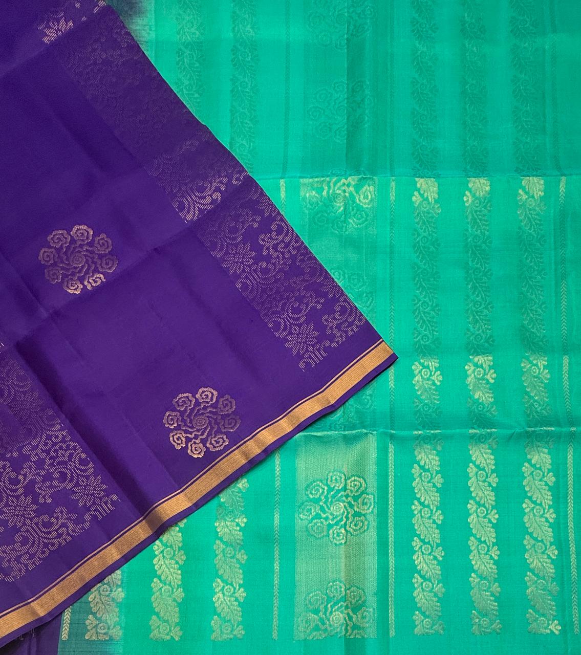 VSA682 - violet color body , sea blue color pallu , blouse pure silk saree