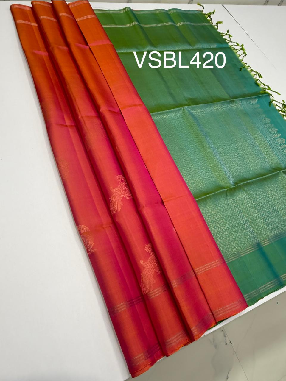 VSBL420 - pinkish orange color body , dual green color pallu , blouse - Pure silk saree