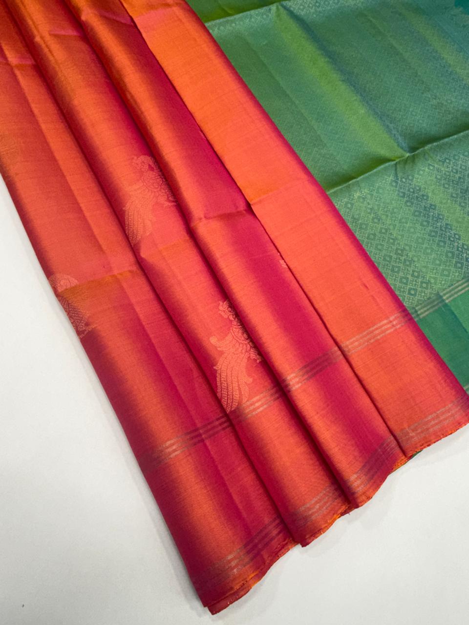 VSBL420 - pinkish orange color body , dual green color pallu , blouse - Pure silk saree