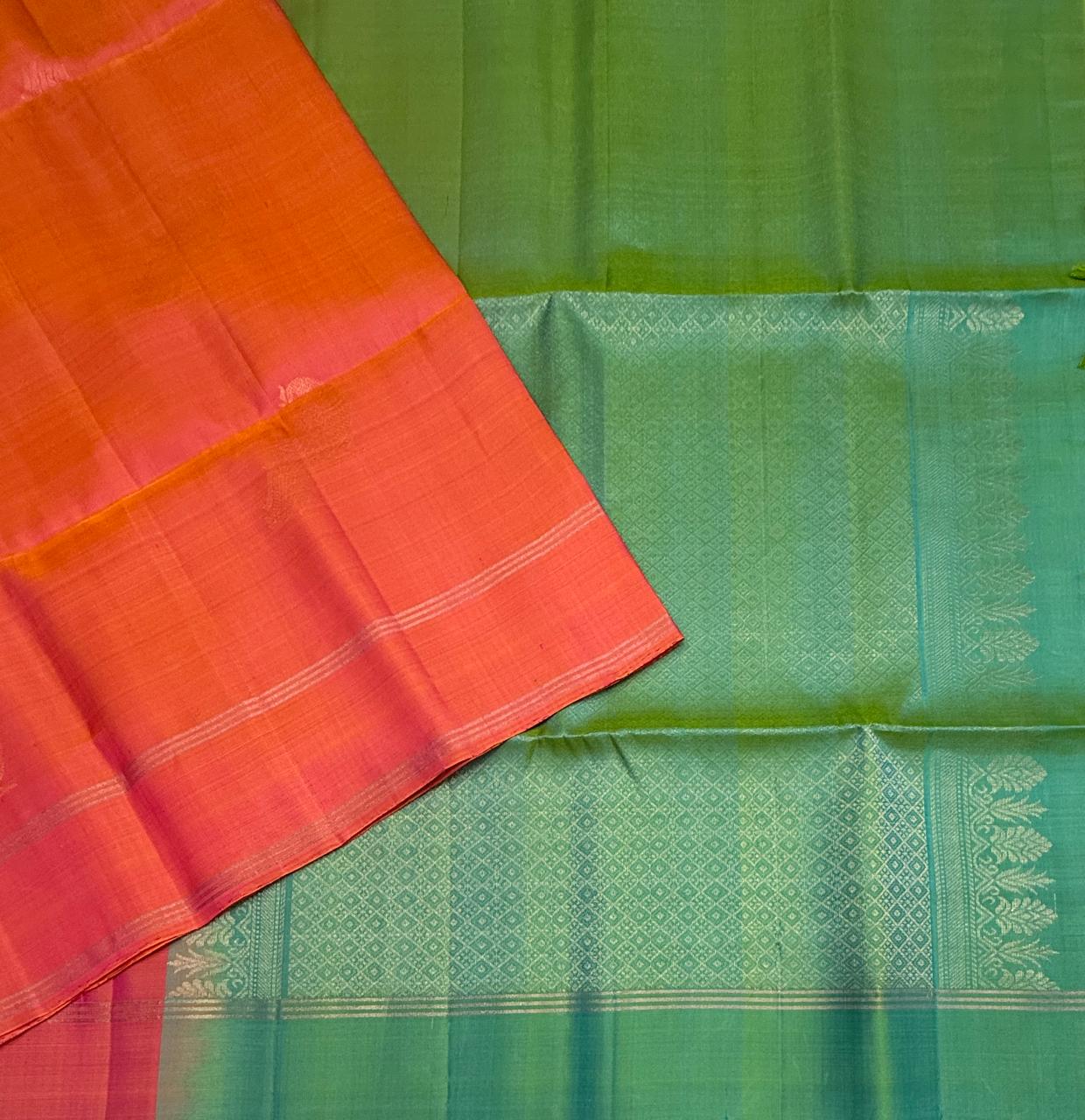VSBL420 - pinkish orange color body , dual green color pallu , blouse - Pure silk saree