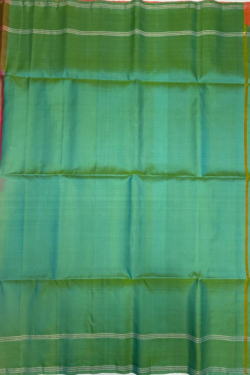 VSBL420 - pinkish orange color body , dual green color pallu , blouse - Pure silk saree