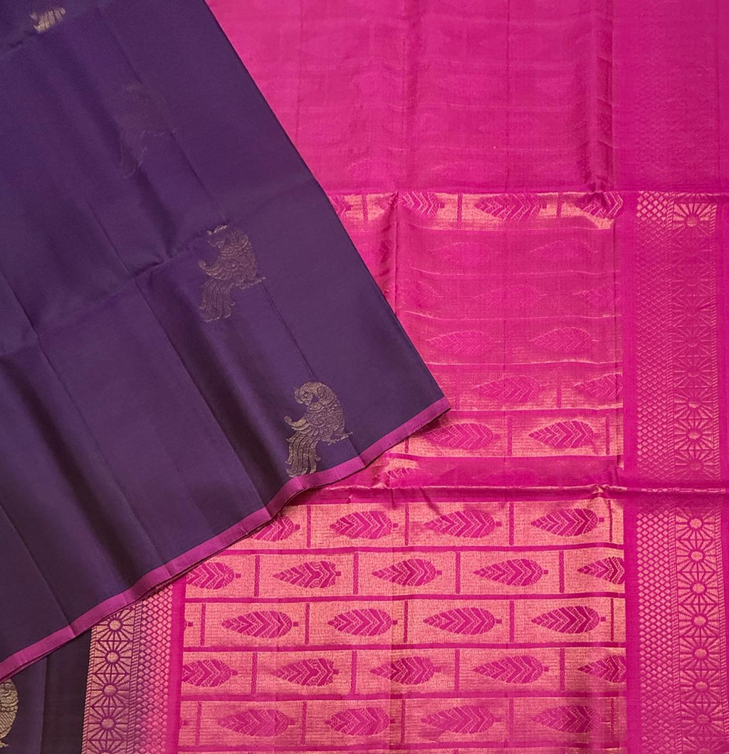 VSBL421 - violet color body , rani pink color pallu , blouse - Pure silk saree