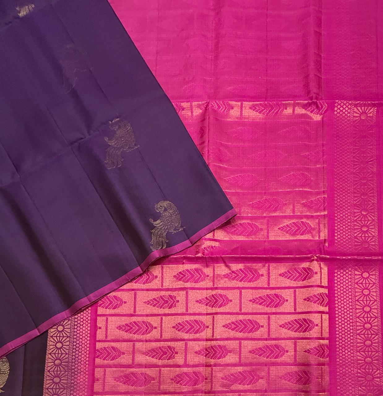 VSBL421 - violet color body , rani pink color pallu , blouse - Pure silk saree