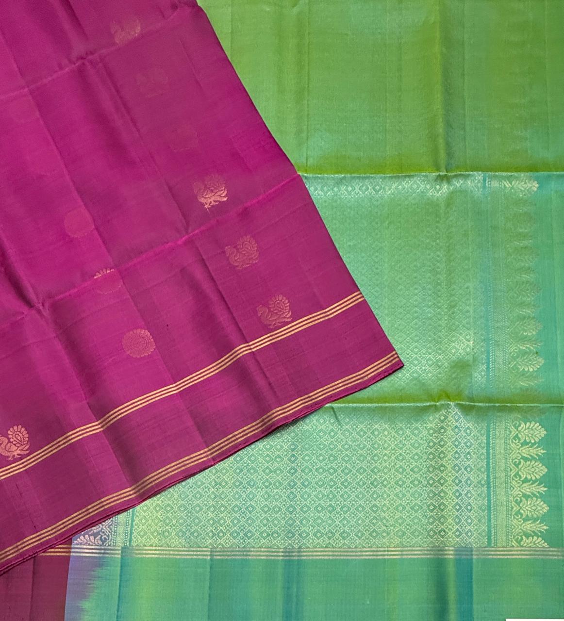 VSBL422 - purple color body , dual green color pallu , blouse - Pure silk saree