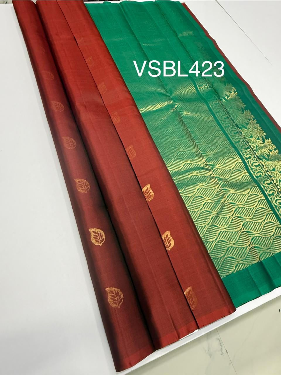 VSBL423 - rust orange color body , peacock green color pallu , blouse - Pure silk saree