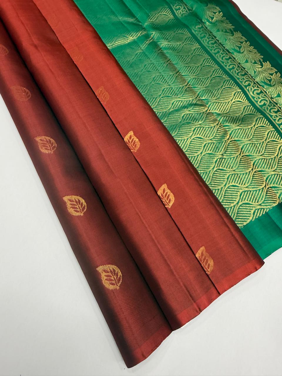 VSBL423 - rust orange color body , peacock green color pallu , blouse - Pure silk saree