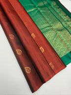 VSBL423 - rust orange color body , peacock green color pallu , blouse - Pure silk saree