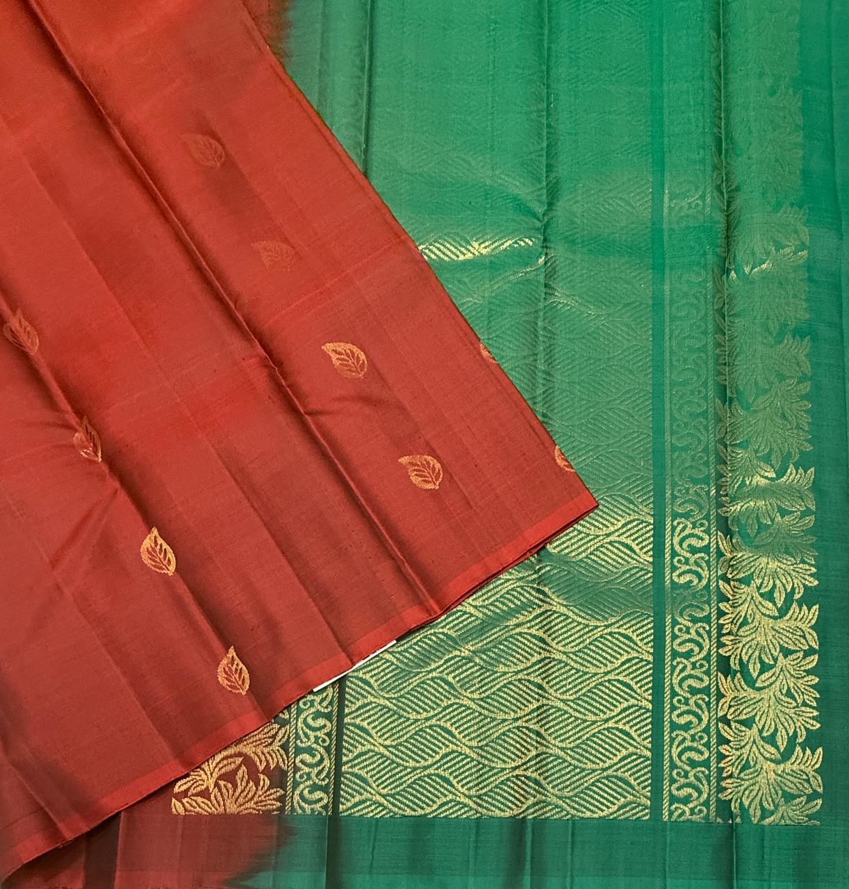 VSBL423 - rust orange color body , peacock green color pallu , blouse - Pure silk saree