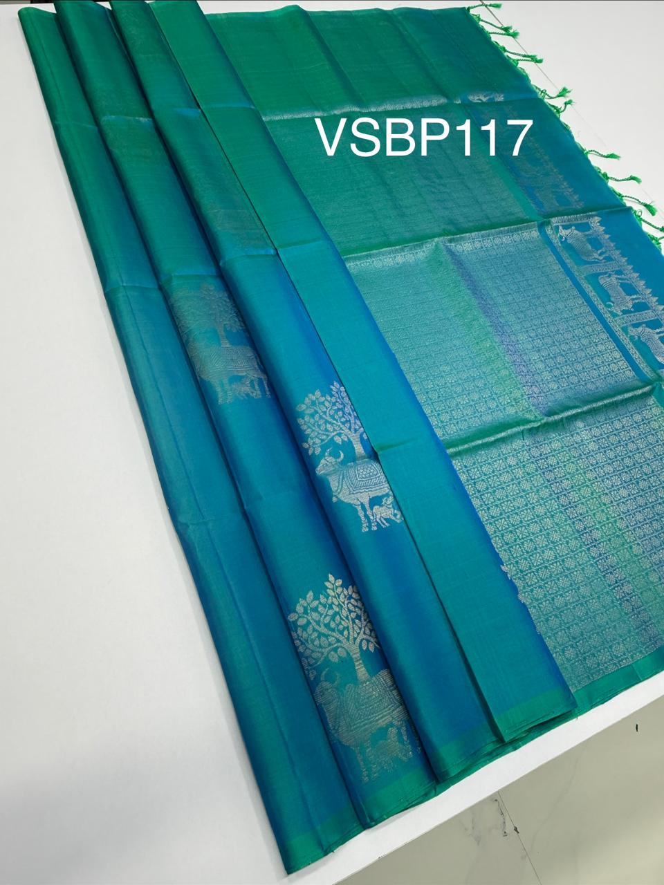 VSBP117 - blue with green color body , pallu,blouse - Pure silk saree
