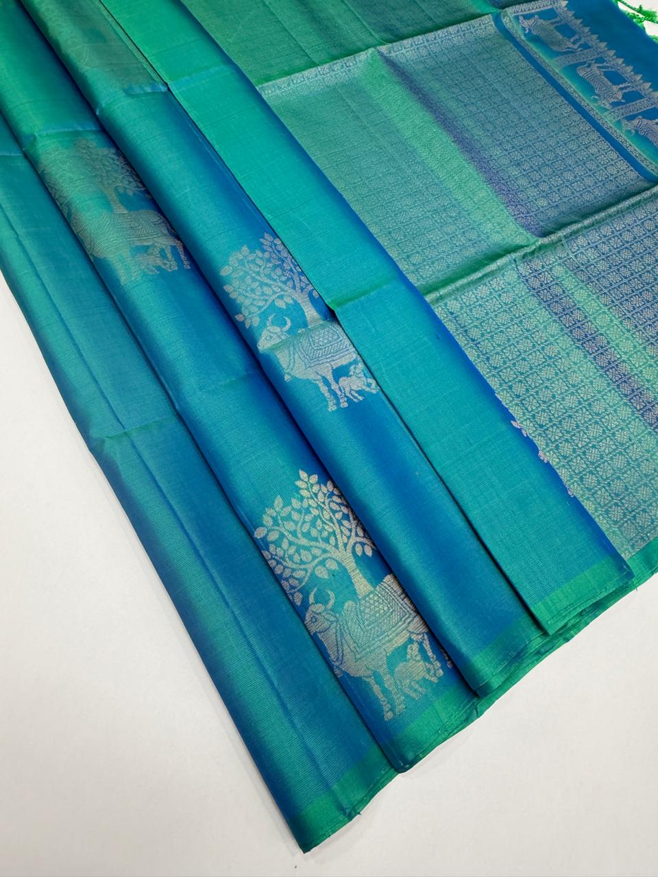 VSBP117 - blue with green color body , pallu,blouse - Pure silk saree