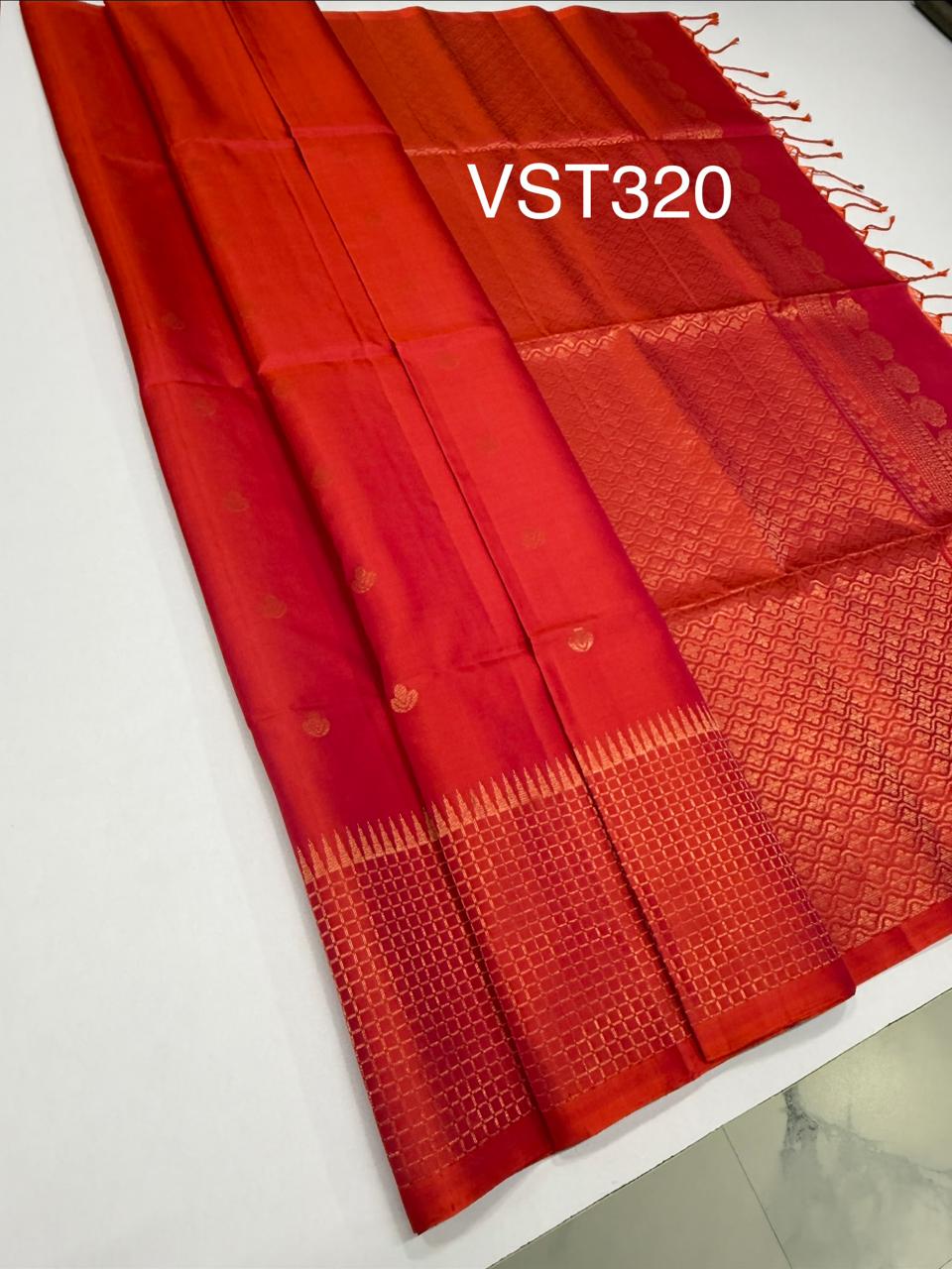 VST320 - pinkish orange color body , pallu , blouse - Pure silk saree