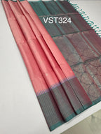 VST324 - baby pink color body , pastel blue color pallu , blouse - Pure silk saree