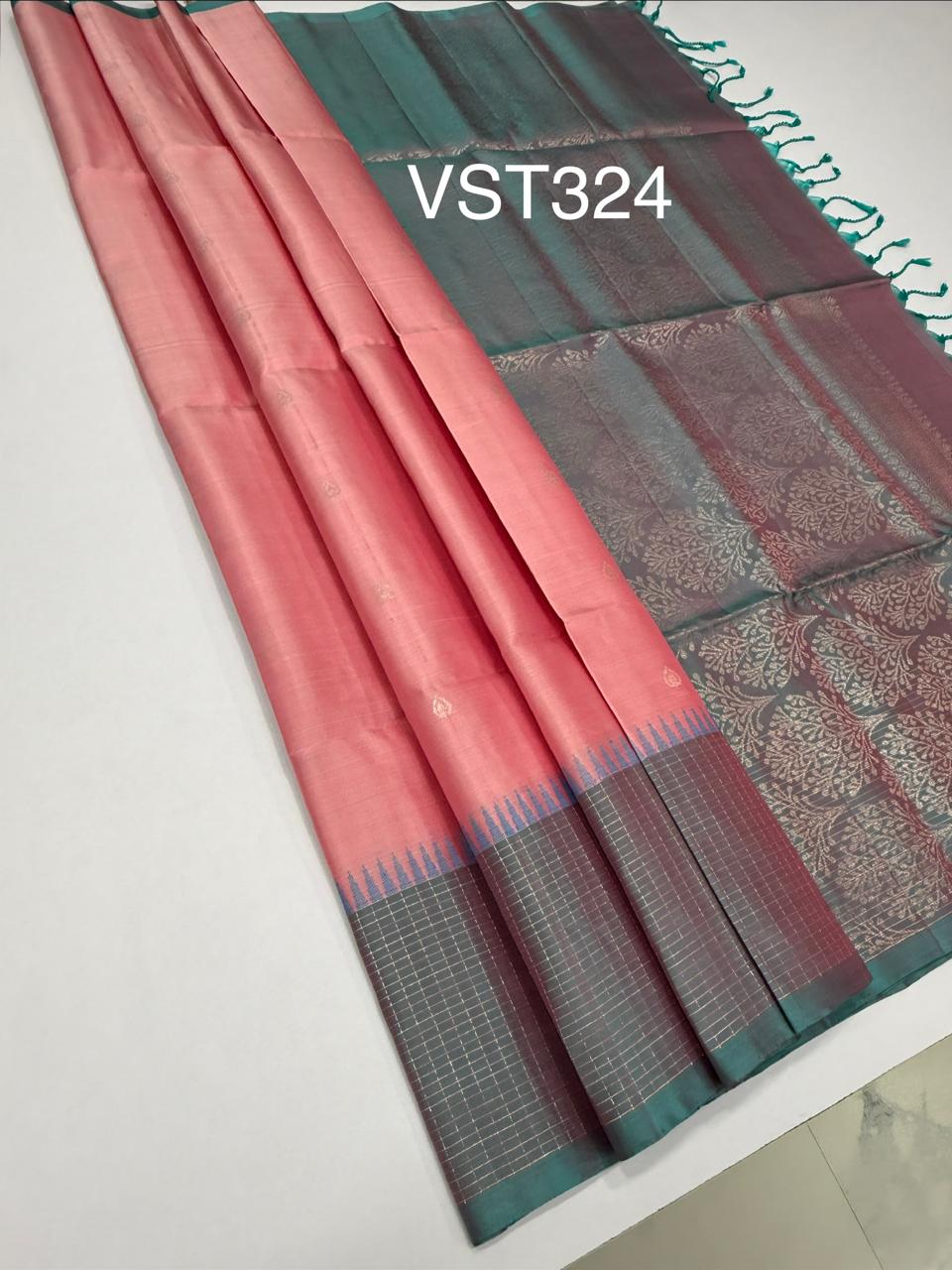 VST324 - baby pink color body , pastel blue color pallu , blouse - Pure silk saree