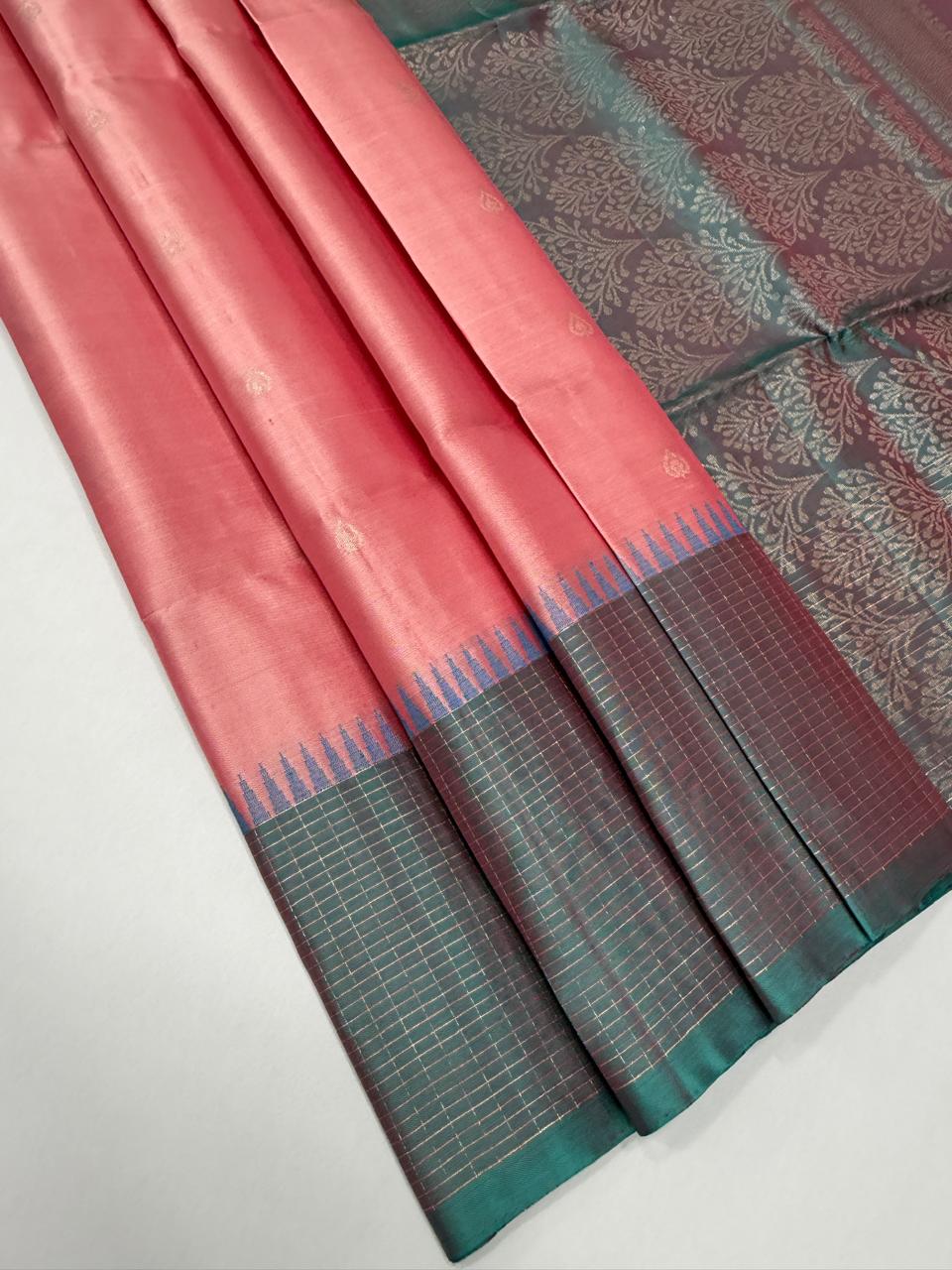 VST324 - baby pink color body , pastel blue color pallu , blouse - Pure silk saree