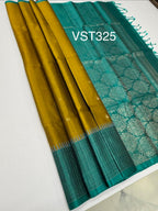 VST325 - cowdung green color body , pastel blue color pallu, blouse - Pure silk saree