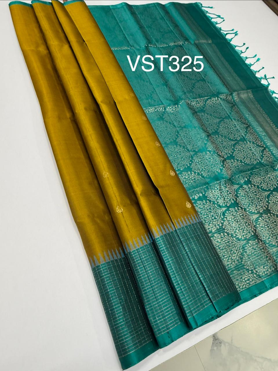VST325 - cowdung green color body , pastel blue color pallu, blouse - Pure silk saree