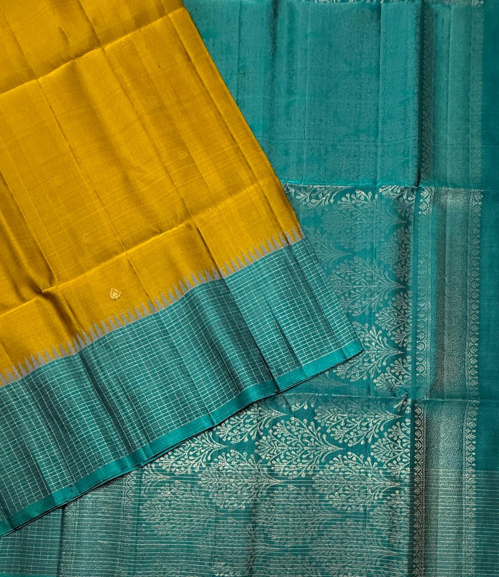 VST325 - cowdung green color body , pastel blue color pallu, blouse - Pure silk saree