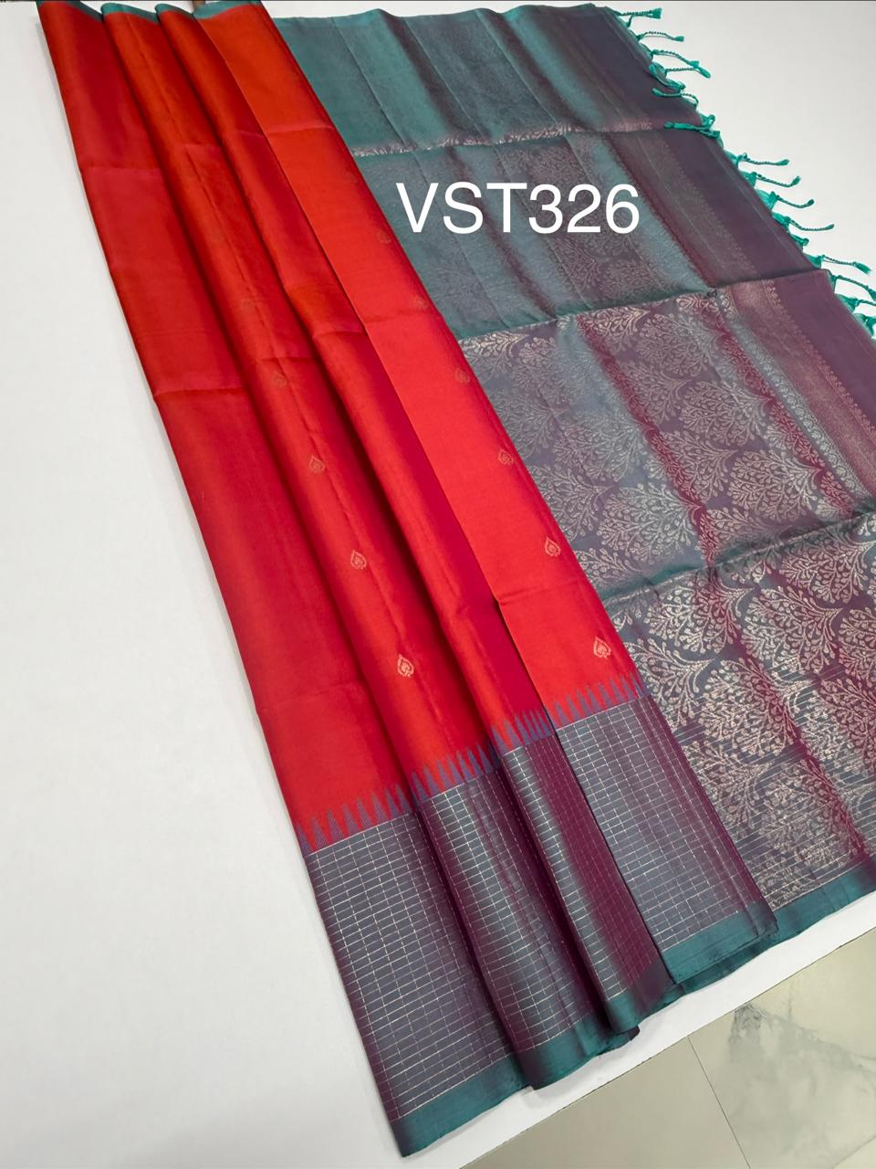 VST326 - pinkish orange color body , pastel blue color pallu , blouse - Pure silk saree