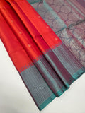 VST326 - pinkish orange color body , pastel blue color pallu , blouse - Pure silk saree