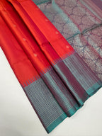 VST326 - pinkish orange color body , pastel blue color pallu , blouse - Pure silk saree