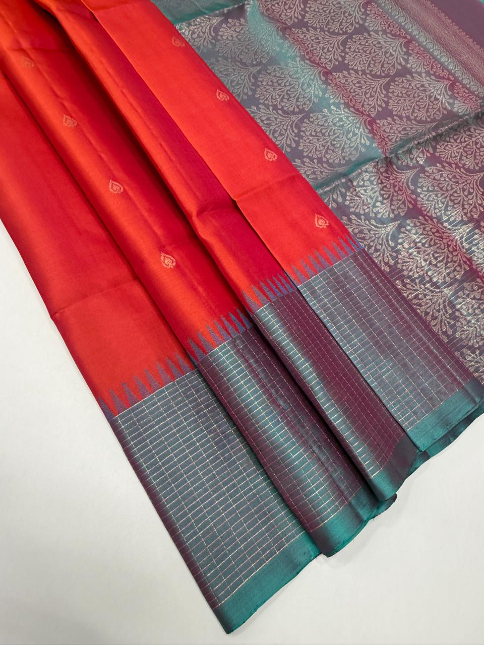 VST326 - pinkish orange color body , pastel blue color pallu , blouse - Pure silk saree
