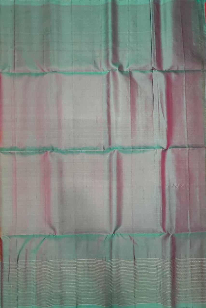 VST326 - pinkish orange color body , pastel blue color pallu , blouse - Pure silk saree