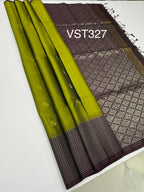 VST327 - mehandi green color body , dark purple color pallu, blouse - Pure silk saree