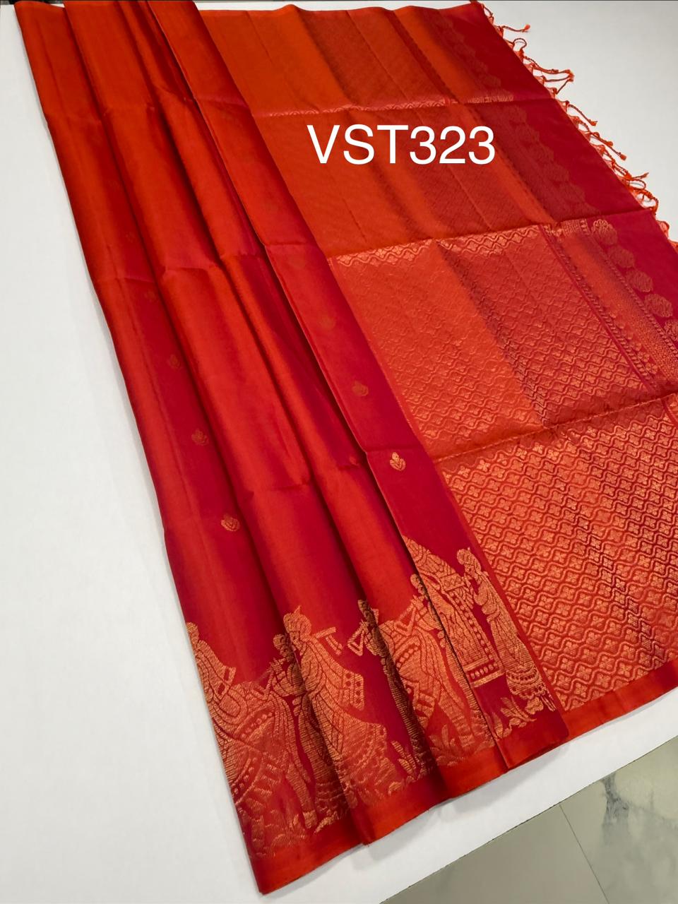 VST323 - pinkish orange color body , pallu , blouse - Pure silk saree