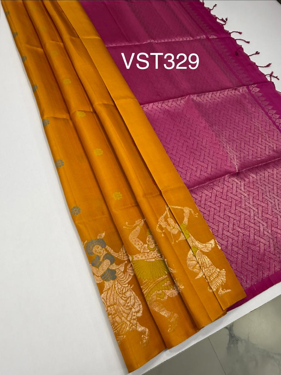 VST329 - yellow color body , rani pink color pallu, blouse - Pure silk saree
