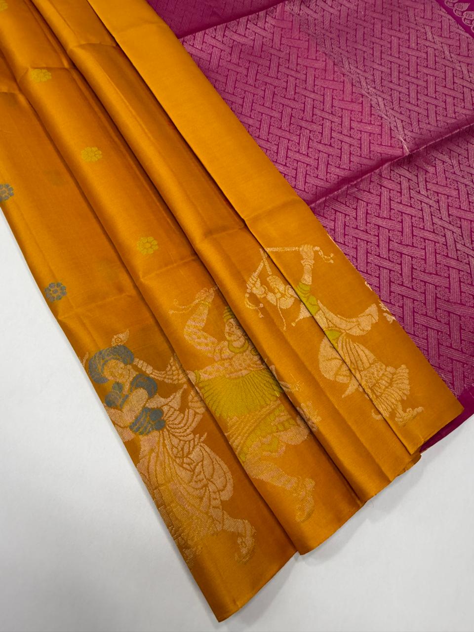 VST329 - yellow color body , rani pink color pallu, blouse - Pure silk saree