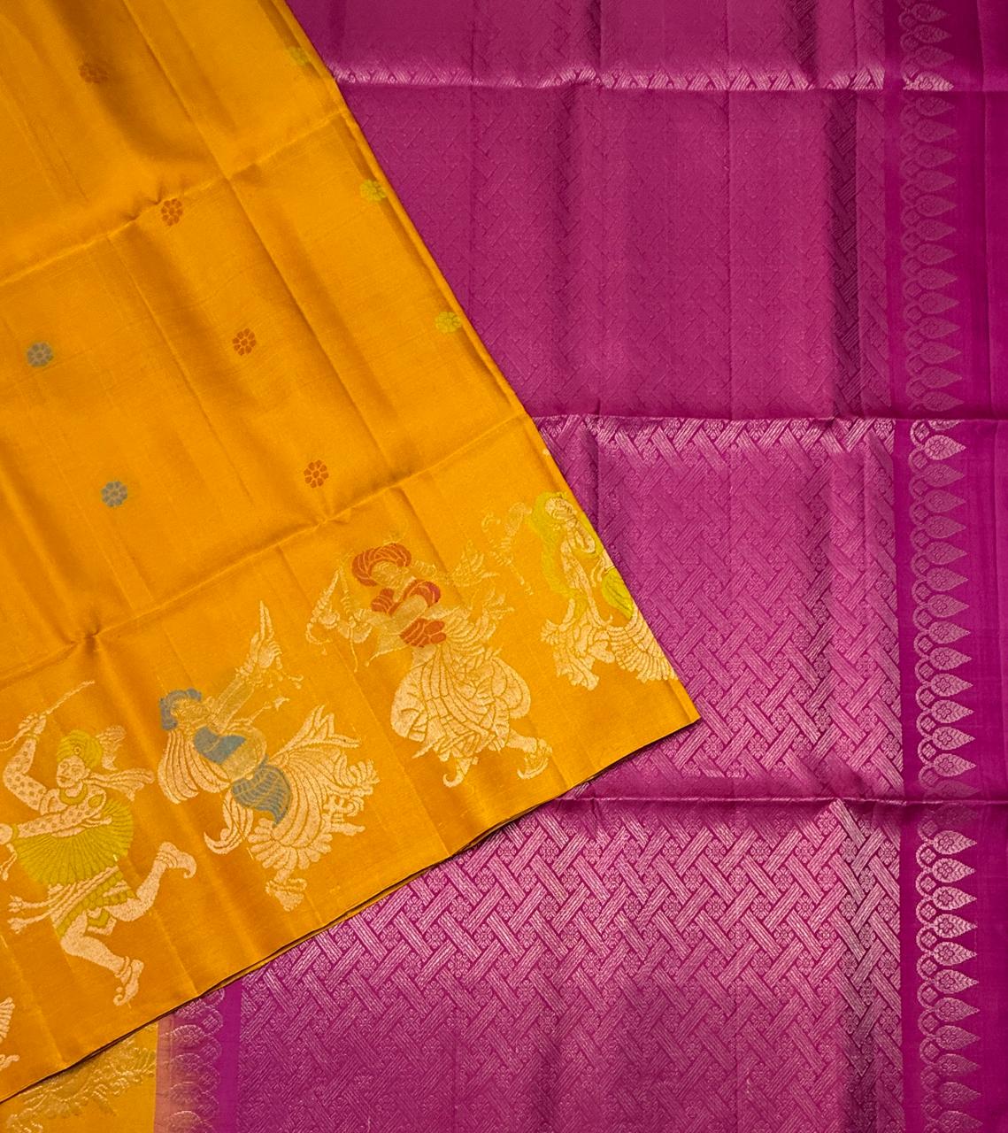 VST329 - yellow color body , rani pink color pallu, blouse - Pure silk saree