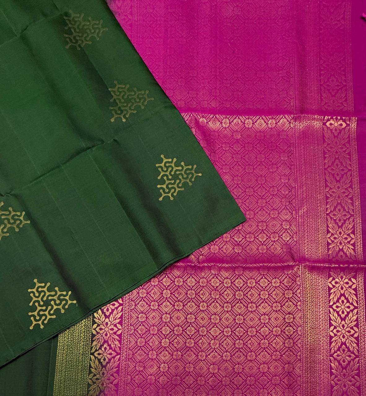 VSBL424 - dark green color body , rani pink color pallu , blouse - Pure silk saree